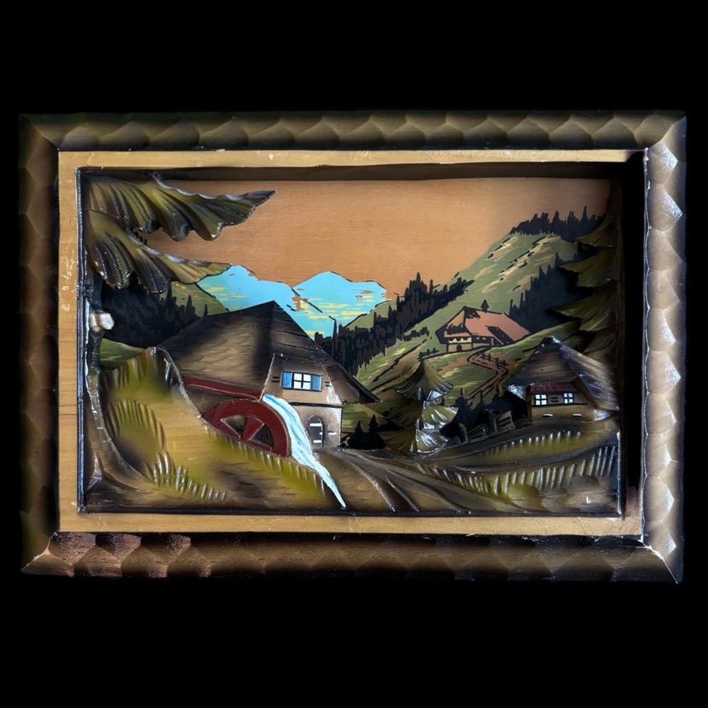 Vintage MCM German Hand Carved Black Forest 3D Wall Art Water Mill Chalets